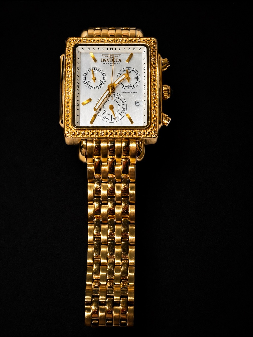 Invicta Gold and White Square Chronograph Bracelet Watch